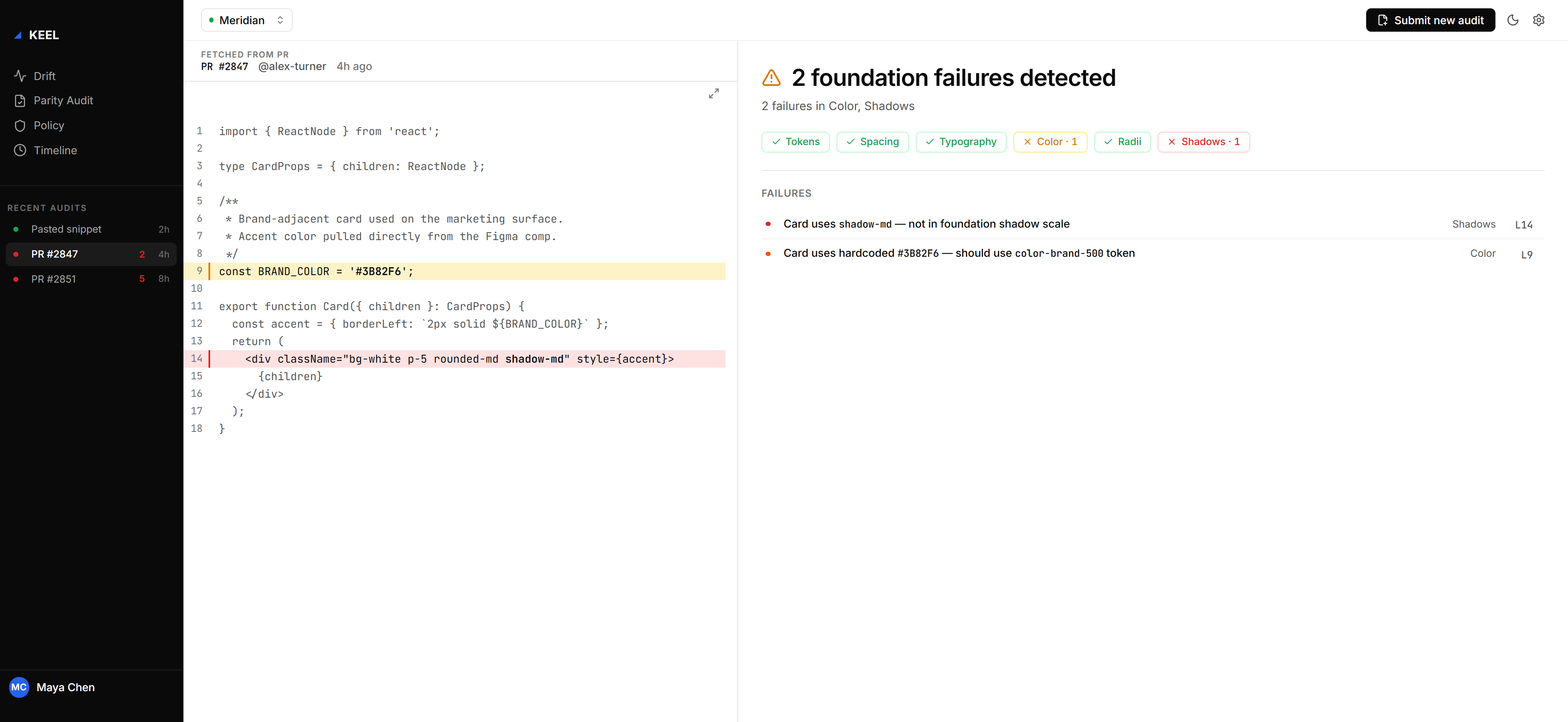 Parity check failing — whitelist linting catches invented tokens and off-scale spacing