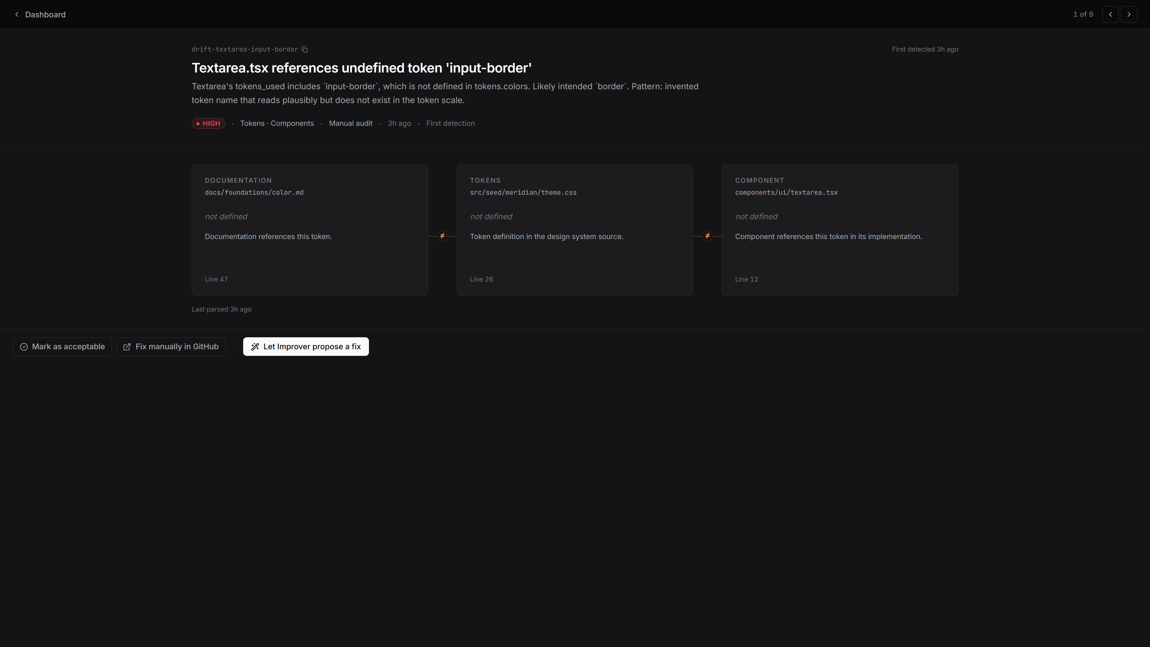 Keel parity audit — failing, dark mode