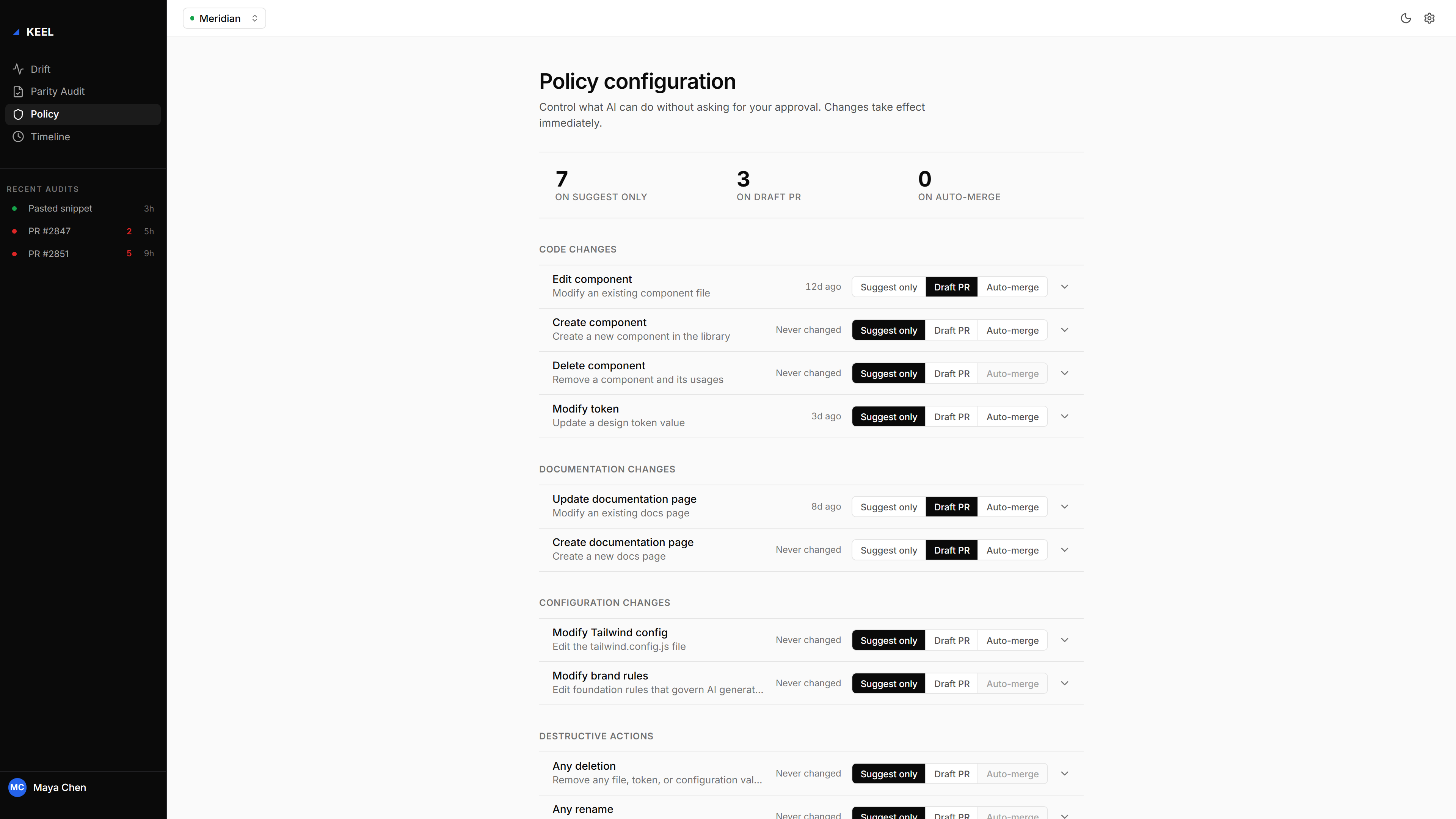 Trust-level policy engine — flat list, segmented control per row